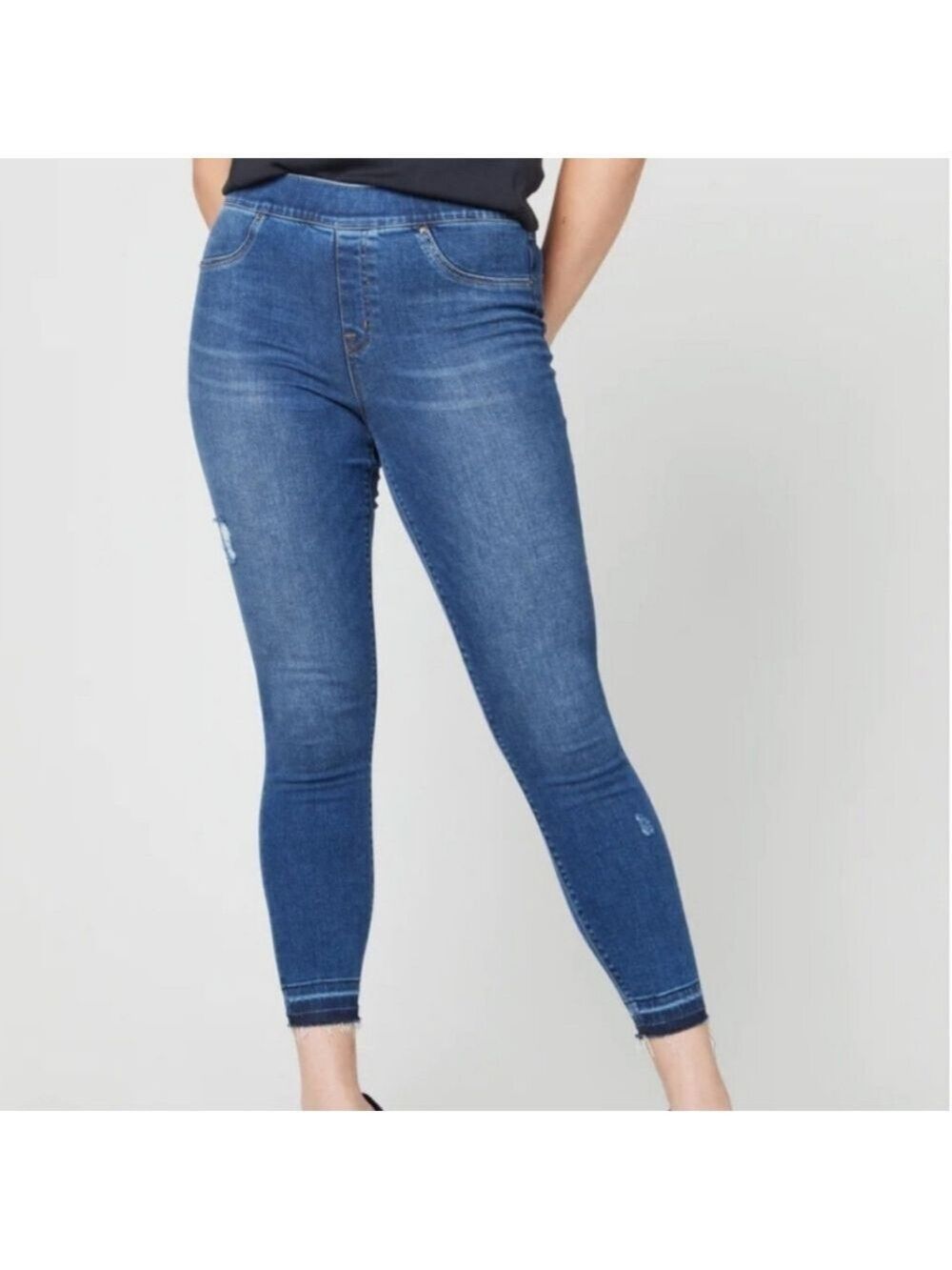 #40 Spanx Blue Cropped Ankle Jeans Medium Wash Distressed  XS | 0338